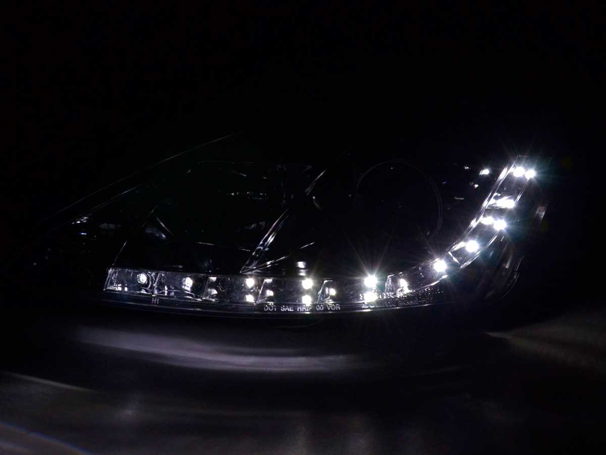 Scheinwerfer Set Daylight LED TFL-Optik Ford Focus 3/4/5-trg. 98-01 chrom Scheinwerfer Set Daylight LED TFL-Optik Ford Focus 3/4/5-trg. 98-01 chrom